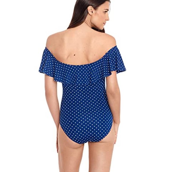 Lauren Ralph Lauren Pin Dot Ruffled Off-The-Shoulder One-Piece Swimsuit - Picture 2 of 2
